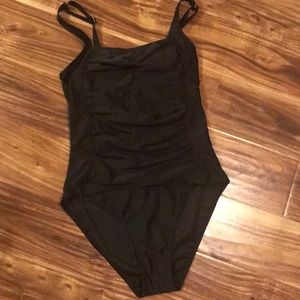 One piece black swimming suit, size 6, fits like S